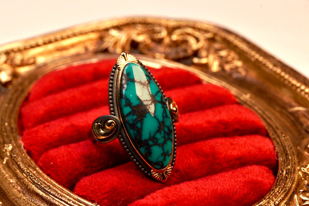 Natural Ulanhua Turquoise Marquise Ring with 18K Gold & Oxidized 925 Silver