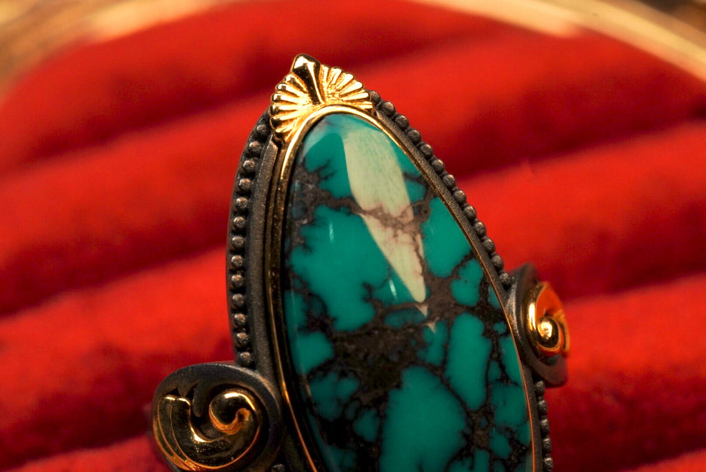 Natural Ulanhua Turquoise Marquise Ring with 18K Gold & Oxidized 925 Silver