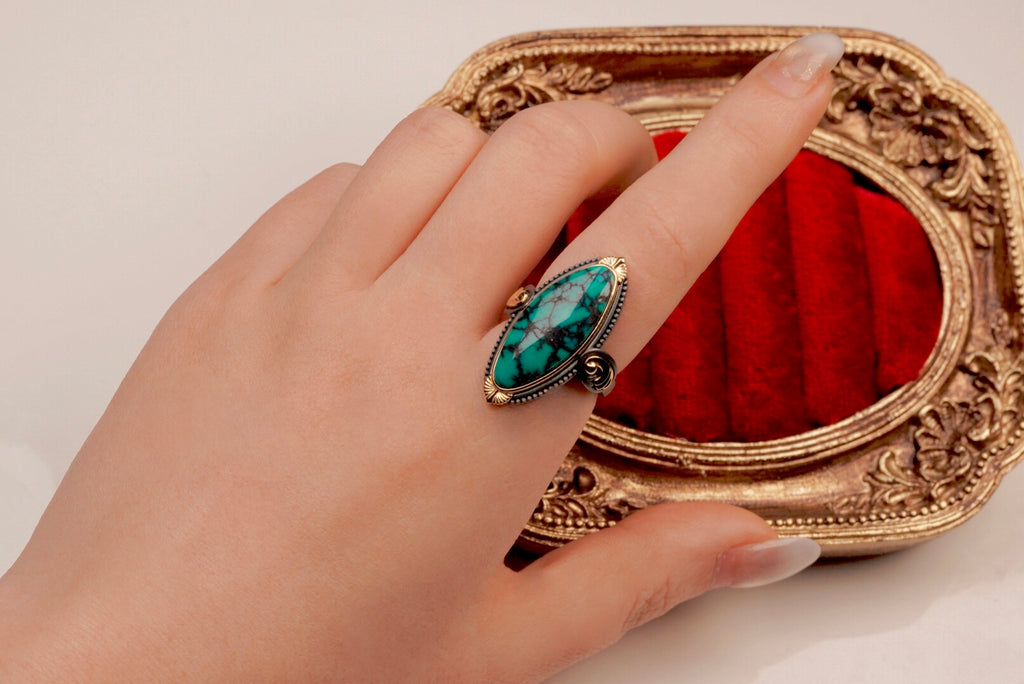 Natural Ulanhua Turquoise Marquise Ring with 18K Gold & Oxidized 925 Silver