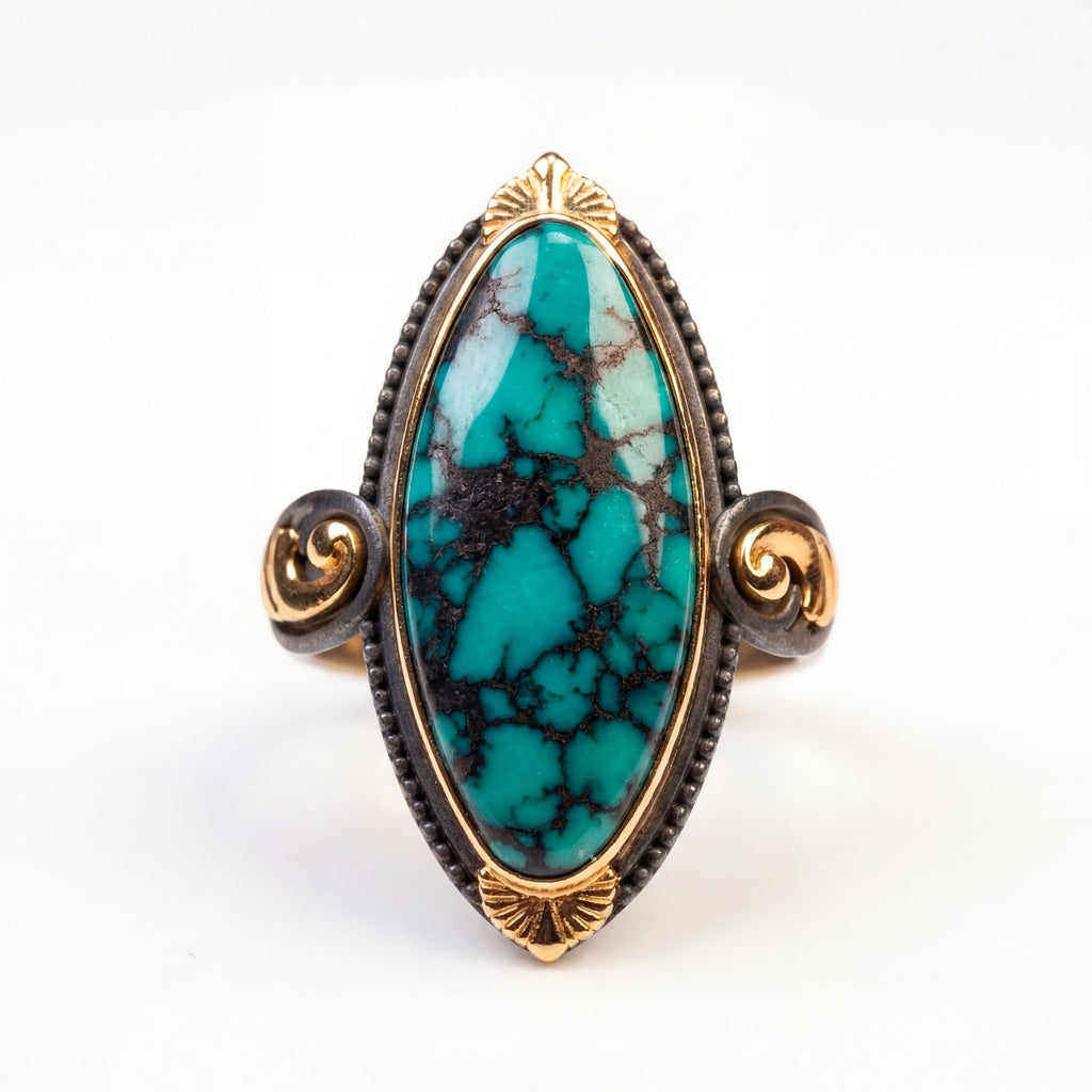 Natural Ulanhua Turquoise Marquise Ring with 18K Gold & Oxidized 925 Silver