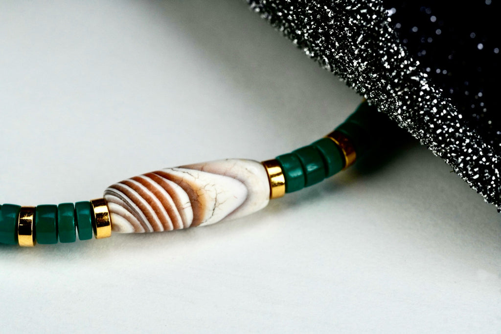 Natural Turquoise Beaded Bracelet with 18K Gold & Antique Banded Agate Center Bea