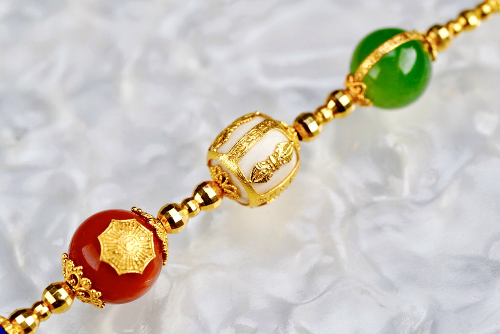 9-Gem Multicolor Beaded Bracelet with 18K Gold Adjustable Chain | Natural Jade, Turquoise, Amber & Agarwood Chinese Style Jewelry