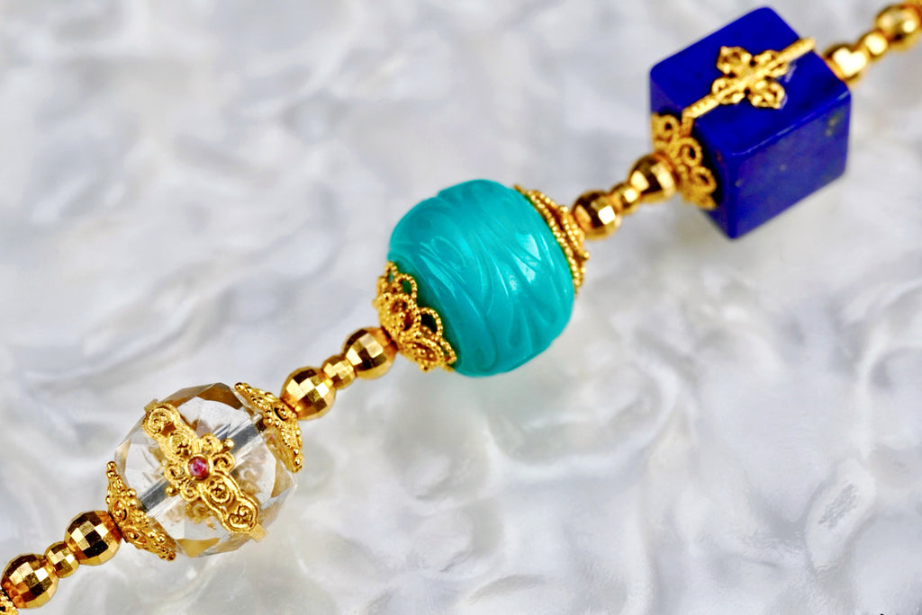 9-Gem Multicolor Beaded Bracelet with 18K Gold Adjustable Chain | Natural Jade, Turquoise, Amber & Agarwood Chinese Style Jewelry