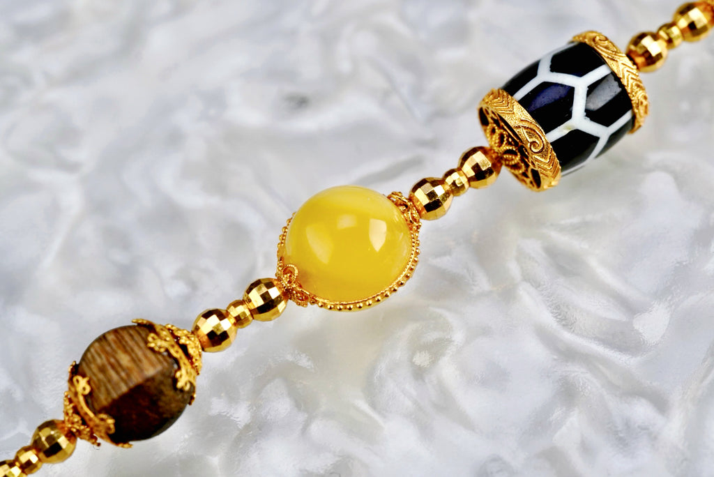 9-Gem Multicolor Beaded Bracelet with 18K Gold Adjustable Chain | Natural Jade, Turquoise, Amber & Agarwood Chinese Style Jewelry