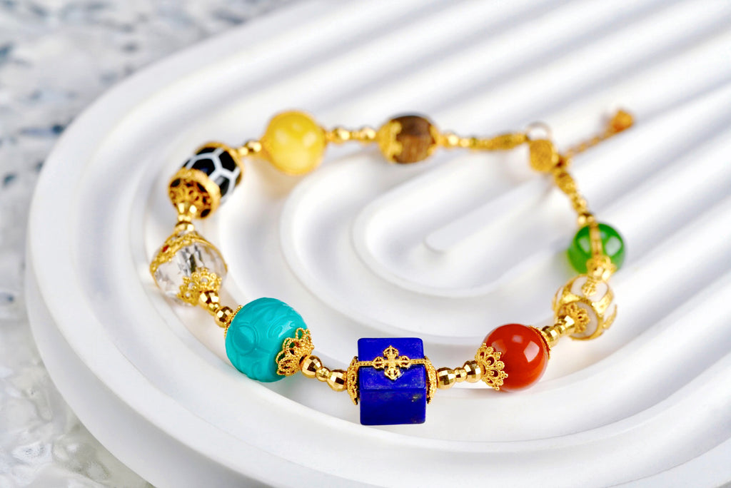9-Gem Multicolor Beaded Bracelet with 18K Gold Adjustable Chain | Natural Jade, Turquoise, Amber & Agarwood Chinese Style Jewelry