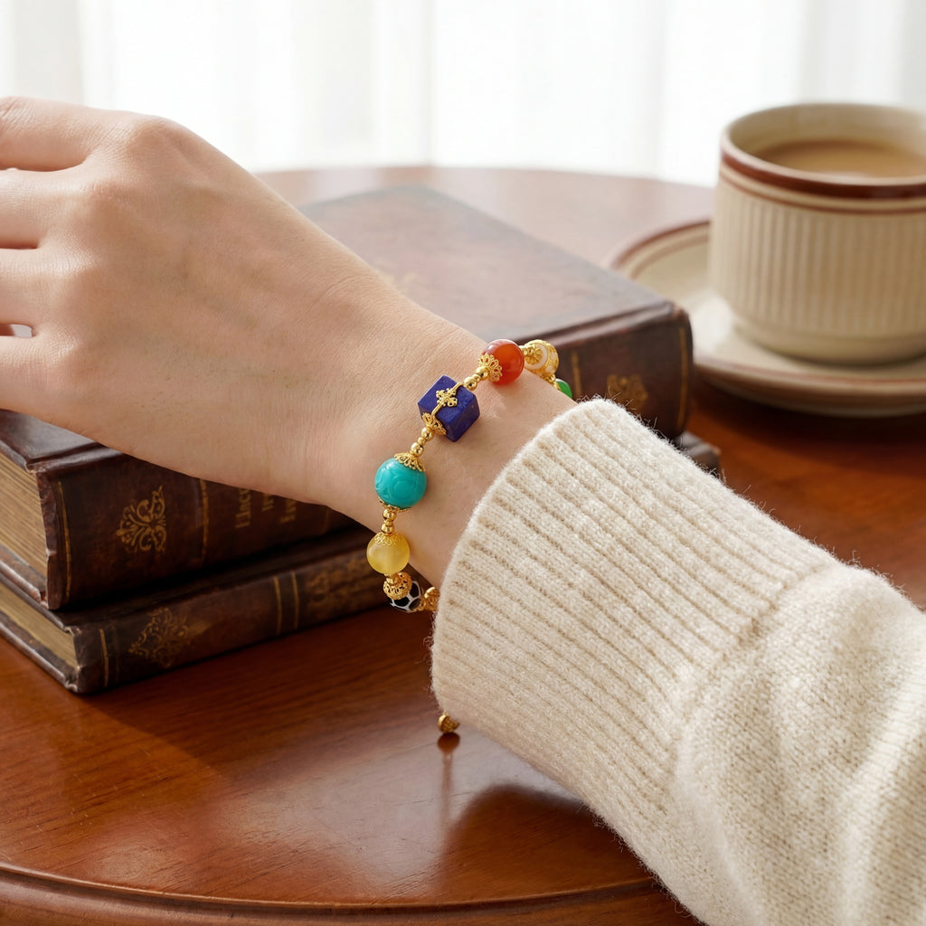 9-Gem Multicolor Beaded Bracelet with 18K Gold Adjustable Chain | Natural Jade, Turquoise, Amber & Agarwood Chinese Style Jewelry