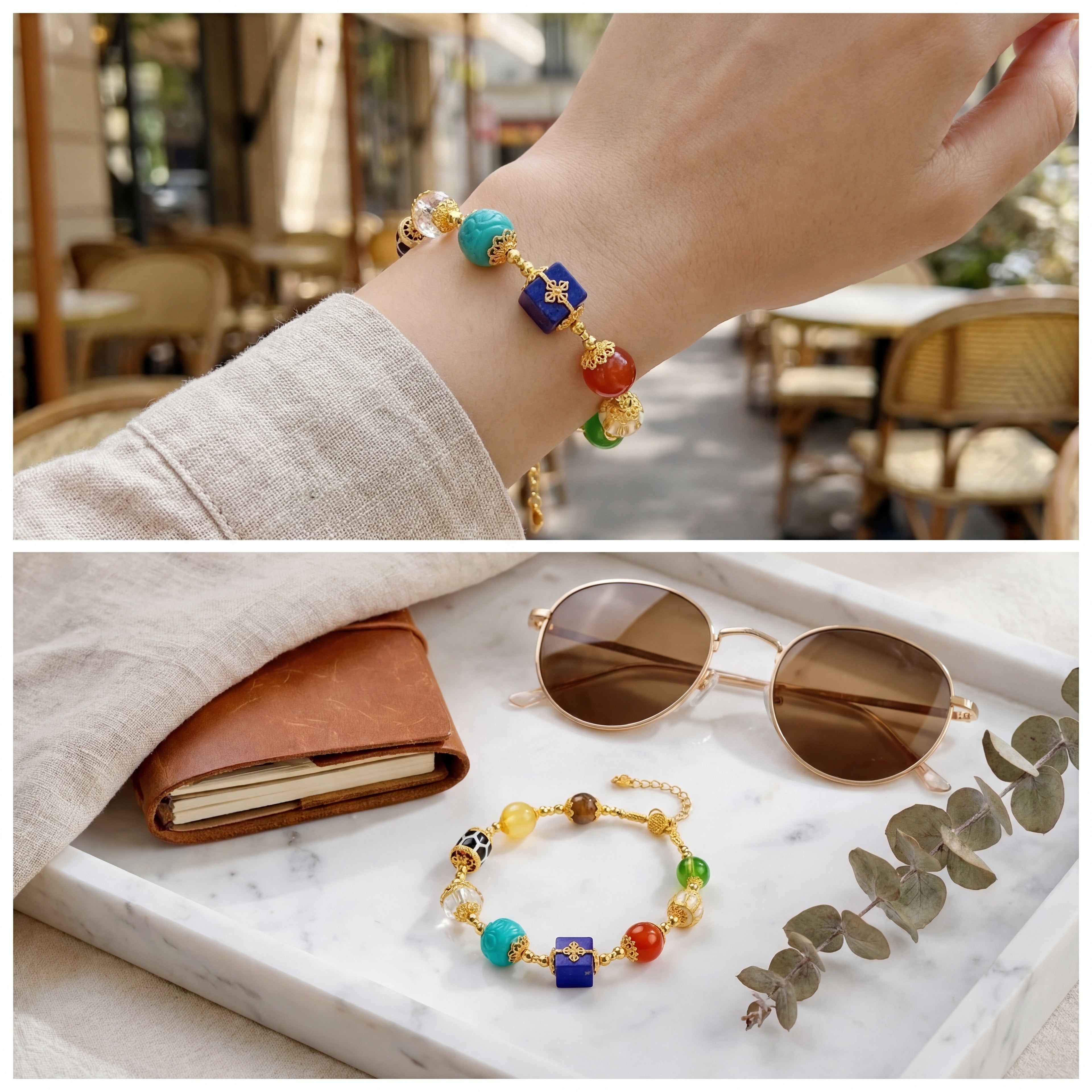 9-Gem Multicolor Beaded Bracelet with 18K Gold Adjustable Chain | Natural Jade, Turquoise, Amber & Agarwood Chinese Style Jewelry