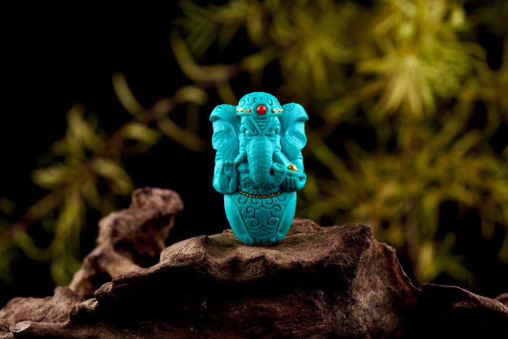 Natural Turquoise Ganesha Pendant with 24K Gold Inlay & Red Agate Accents