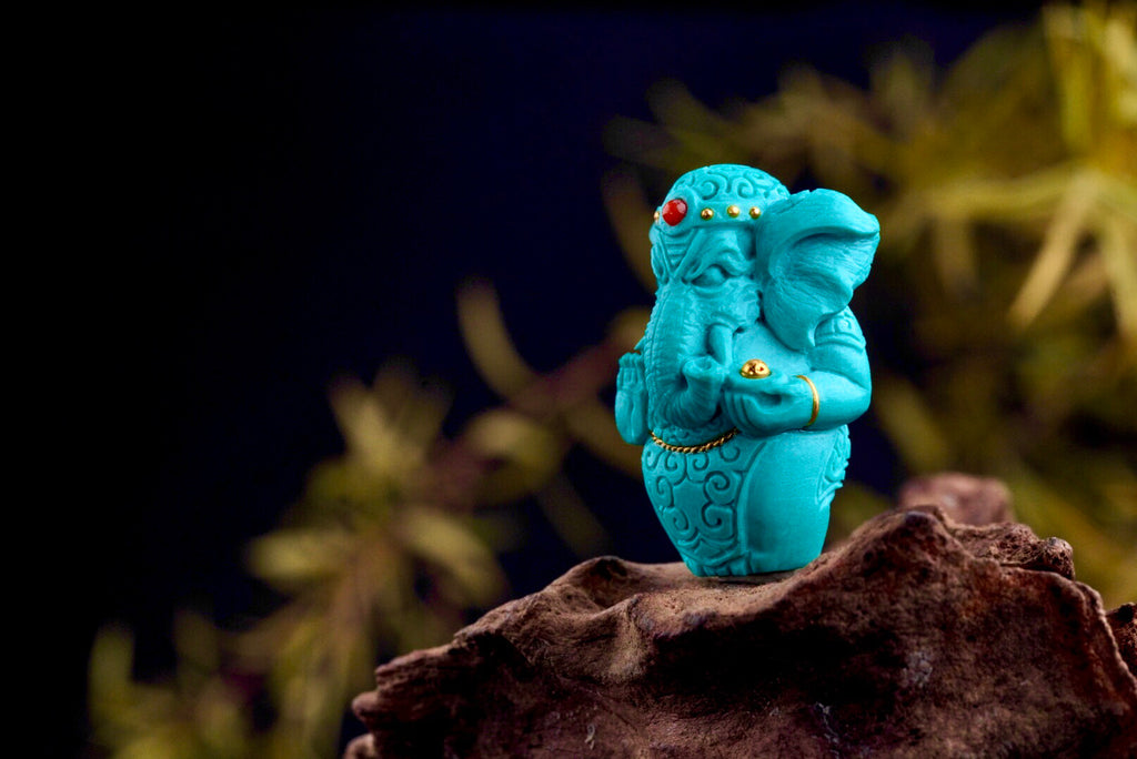 Natural Turquoise Ganesha Pendant with 24K Gold Inlay & Red Agate Accents
