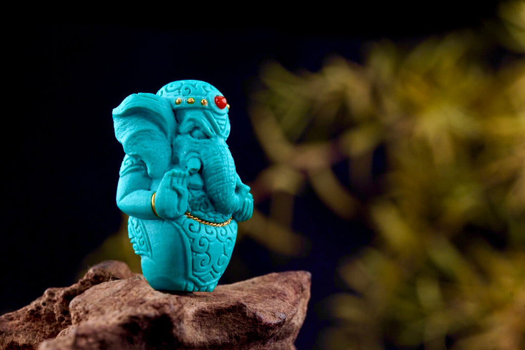 Natural Turquoise Ganesha Pendant with 24K Gold Inlay & Red Agate Accents