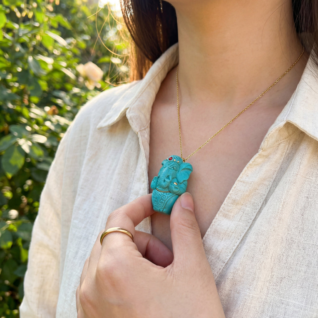 Natural Turquoise Ganesha Pendant with 24K Gold Inlay & Red Agate Accents