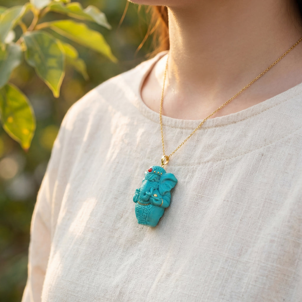 Natural Turquoise Ganesha Pendant with 24K Gold Inlay & Red Agate Accents